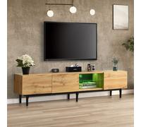 Merax TV-Lowboard, éclairage LED incl. télécommande, avec étagère en verre, chêne