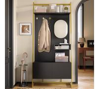 Merax vestiaire d'entrée 78x38,5x180,5cm, avec Miroir, penderie Ouverte compacte avec Crochets en métal, Grand Espace de Rangement et étagères, pour Couloir et entrée, Noir