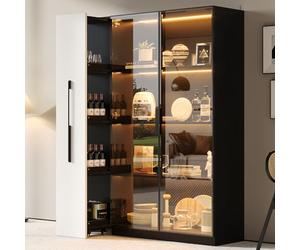 Merax Vitrine - 110,5 x 35 x 160 cm - Armoire multifonction avec porte en verre et éclairage LED - Extension latérale sur roulettes - Armoire haute moderne pour salon, salle à manger ou bureau - Noir