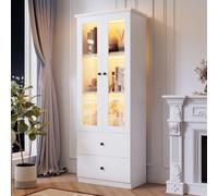 Merax vitrine à poser 165 cm avec LED et USB, vitrine en verre avec 2 tiroirs, étagères réglables en hauteur, blanc mat, télécommande incluse