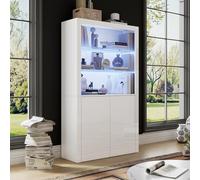 Merax Vitrine avec éclairage LED, meuble haut brillant blanc avec 2 portes et 2 étagères en verre, bibliothèque, placard de cuisine, meuble debout, placard polyvalent pour salon, chambre à coucher