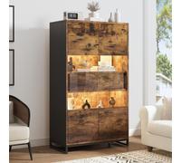 Merax Vitrine avec LED et façade acrylique, armoire haute avec 5 compartiments et 2 tiroirs, portes Push-to-Open, commandée par App, espace de rangement, noir bois