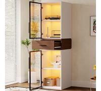 Merax Vitrine en verre avec LED 40 x 40 x 200 cm, étroite en MDF avec tiroir aspect noyer, deux portes en verre trempé, armoire d'affichage pour salon, bureau, salle à manger, blanche