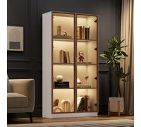 Merax Vitrine en verre avec LED, 80x40x160cm, armoire haute avec commande App, vitrine à double porte avec étagères, vitrine sur pied blanc + or
