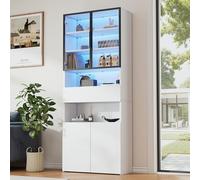 Merax Vitrine en verre avec LED, moderne, sur pied, avec 4 portes, 1 tiroir, compartiments ouverts, porte en verre avec cadre en aluminium, vitrine de collection pour salon, bureau - Blanc