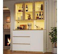 Merax Vitrine haute avec LED - 120 x 24,5 x 200 cm - Vitrine en verre avec 3 tiroirs et porte - Compartiment ouvert avec gestion des câbles - Meuble sur pied pour salon, salle à manger, cuisine