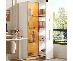 Merax Vitrine LED 70×40×160 cm avec Portes en Verre - Meuble de Rangement Multifonction avec Rangement Latéral - Armoire Colonne - Bibliothèque, Buffet, Vitrine Salon,Blanc