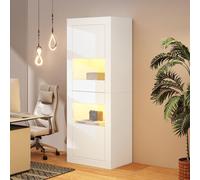 Merax Vitrine LED blanc brillant avec 16 couleurs, 3 étagères en verre, télécommande, sécurité anti-basculement, armoire de salon, 61x42x162 cm