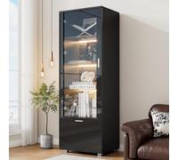 Merax Vitrine moderne avec LED, 3 étagères, tiroir, vitrine haute brillance pour objets de collection, bibliothèque avec porte acrylique, 50 x 40 x 160 cm, noir, pour salon, chambre à coucher