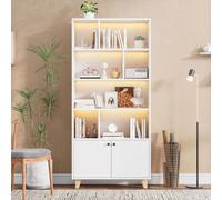 Merax Vitrines Bibliothèque avec éclairage d'ambiance LED & télécommande, pieds en bois massif, 2 portes, étagères, armoire salon, 80x30x173cm, blanc