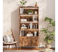 Merax Vitrines Bibliothèque avec éclairage d'ambiance LED & télécommande, pieds en bois massif, 2 portes, étagères, armoire salon, 80x30x173cm, brun