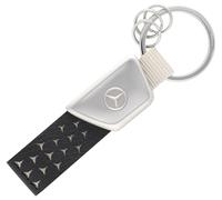 Mercedes-Benz Porte-clés unisexe avec logo en cuir de pomme végétalien/acier inoxydable/nylon Motif étoile Mercedes avec 3 mini anneaux fendus et anneau principal