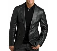 MERCH ATTIRE Blazer en cuir d'agneau pour homme avec deux boutons, Noir - Blazer à deux boutons, XS