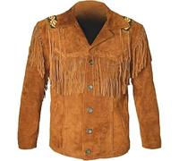 MERCH ATTIRE Vestes en cuir de cowboy occidental pour hommes avec franges et perles en daim, 3) Veste de cowboy marron pleine longueur - Cuir suédé, M