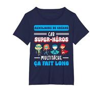 Merci auxiliaire de crèche Humour Super-héros Fin année T-Shirt, Femme Grandes Tailles, Bleu Marine, 2X
