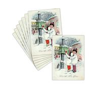 MERCI-FACTEUR.COM Carte Voeux Ancienne Petites Filles - 8 Cartes Non Pliées (3 Formats Dispos) - Carte Enfants Devant La Boîte Aux Lettres 2025