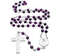 MERCILIA MEISHILAI Marie-Julie Jahenny Chapelet de protection en pierre marbrée violette avec croix de pardon Cruz del perdón Bijou religieux chrétien pour la protection spirituelle