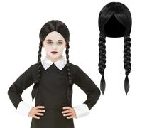 Mercredi Addams Perruque, Addams Cosplay Perruque, Addams Perruque Tressée, Addams Longue Perruque Noire Tressée, Mercredi Perruque Fille pour Cosplay Halloween Carnaval