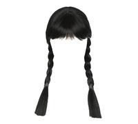 Mercredi Addams Perruque avec frange, AOMAIGAD Mercredi Addams Perruque,perruques longues noires doubles tressées pour femmes et filles, Mercredi Addams Perruque