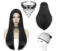 Mercredi Perruque, Perruques Longues Droites Noirs pour Femmes, Addams Cosplay Perruque, Perruque Noire Longue avec Collier, Femme Naturelle Perruque longue Lisse Noire, pour Carnaval, Halloween