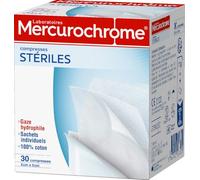 MERCUROCHROME - Compresses stériles - 100 % Coton - Boîte de 30 Compresses Douces et Absorbantes - Sachets individuels - Adaptées pour le Nettoyage et le Recouvrement des Plaies