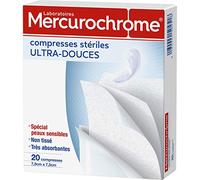 MERCUROCHROME - Compresses Stériles Ultra-Douces - Non Tissé - Spécial Peaux Sensibles - Ultra-Absorbantes - Nettoyage des Plaies - 7.5 x 7.5 cm - Boîte de 20 Compresses