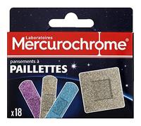 Mercurochrome - Pansements à paillettes - Petites blessures, Coupures et Eraflures - Résistant à l'eau - Ne colle pas à la plaie - 2 formats - 3 couleurs - Premiers secours