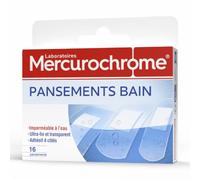 Mercurochrome Pansements Bain – aqua-résistants, ultra-fins transparents – 16 unités (3 tailles)