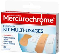 MERCUROCHROME - Pansements kit multi-usages - 20 unités - 4 modèles différents - Classique - Bain - Peau Sensible - Spécial Doigts - Protège les plaies de toute la famille