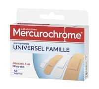MERCUROCHROME - Pansements Universel Famille - 50 Pansements - 3 tailles - 2 Couleurs différentes - Protection optimale - Résistants à l'eau - Adapté à Différentes Tailles de Plaies