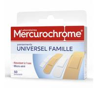 Mercurochrome Pansements Famille – 50 unités – 3 tailles – 2 couleurs – Résistants à l'eau