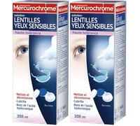 MERCUROCHROME - Solution Lentilles Yeux Sensibles Haute Tolérance - Nettoie, Décontamine et Lubrifie - Etui inclus - Procure du Confort aux Utilisateurs de Lentilles Plus Sensibles - 350mL (Lot de 2)