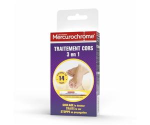 MERCUROCHROME Traitement Cors - Soulage la Douleur et Stoppe la Propagation | Marque N°1 des Premiers Soins, Traite le Cor, Efficace en 14j, 1 Stylo + 7 Pansement Hydrocolloïde, Application Précise
