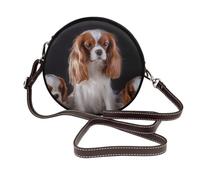 Mère Cavalier King Charles Spaniel avec ses petits,Sac bandoulière rond en cuir PU - Sac à main rond pour femme