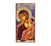 Mère de Dieu Paramithia Icône en bois vieilli XIVe siècle sur toile avec fond coloré du Mont Athos (23 x 12 cm)