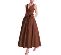 MèRe De La MariéE Thé Longueur Robe Col V Robes De Bal Satin Bow Formelle SoiréE Robe De SoiréE des Femmes avec Poches Brown 3XL