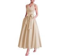 MèRe De La MariéE Thé Longueur Robe Col V Robes De Bal Satin Bow Formelle SoiréE Robe De SoiréE des Femmes avec Poches Champagne XS