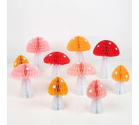 Meri Meri Lot de 10 décorations en forme de champignons en nid d'abeille - Champignons colorés en papier de soie réutilisables - Décorations de fête féérique avec autocollants à pois blancs