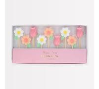 Meri Meri Lot de 9 bougies de jardin en forme de fleur de jardin - Décoration de gâteau d'anniversaire - Forme 3D moulée - 3 motifs - Décoration de gâteau en forme de fleur pour fête prénatale et