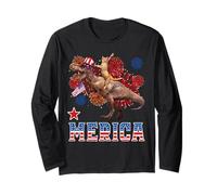 Merica Cat Riding Dinosaur T Rex Patriotic Flag 4th of July Manche Longue