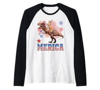 Merica Cat Riding Dinosaur T Rex Patriotic Flag 4th of July Manche Raglan