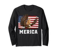 Merica Cat Riding Eagle American Flag 4th of July Patriotic Manche Longue