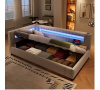 Méridienne, canapé lit, 90*200cm,LED avec télécommande en bout de lit, rangement hydraulique, sans matelas, USB + TYPE-C, lin, beige