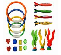 MERIGLARE Ensemble 19 Jouets Submersibles pour Enfants avec Anneaux Flexibles et Pièces Brillantes pour Pratiquer la Plongée et la Natation dans Piscine Familiale et