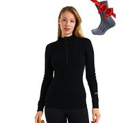 Merino.tech 100% Demi-Zip Pull Laine Merinos Femme + Chaussettes (X-Large, 250 Black)