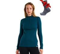 Merino.tech 100% Demi-Zip Pull Laine Merinos Femme + Chaussettes (X-Small, 250 Deep Teal)