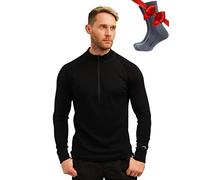 Merino.tech 100% Demi-Zip Pull Merinos Homme + Chaussettes (Medium, 250 Black)
