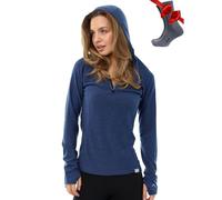 Merino.tech 100% Pull Mérinos Femme à Capuche - Coupe Ajustée + Chaussettes (Large, 190 Windsor Blue)