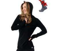 Merino.tech 100% Pull Mérinos Femme à Capuche - Coupe Ajustée + Chaussettes (X-Large, 190 Black)