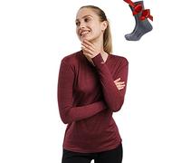 Merino.tech Chemise Femme Laine Merinos - Haut Thermique Femme 100% Laine Merinos Lourd, Moyen, Léger avec Chaussettes (Small, 165 Burgundy)